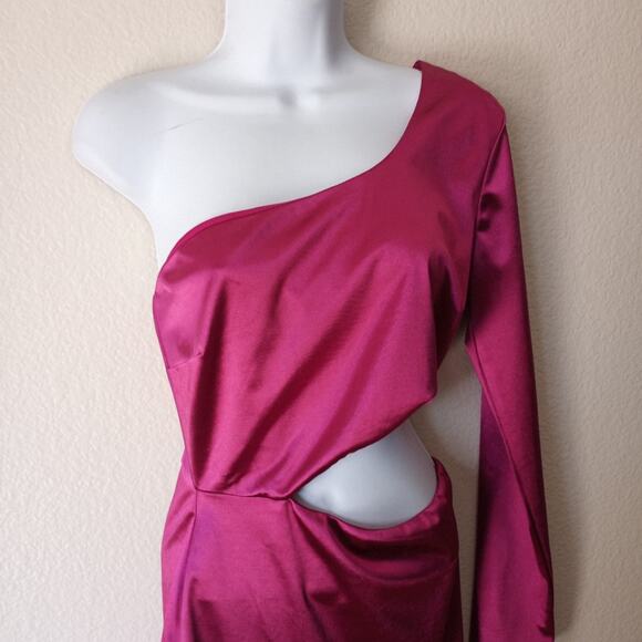 Lulus Shot Caller Satin One-Shoulder Barbie Pink  Long Sleeve Cutout Dress - Picture 7 of 11